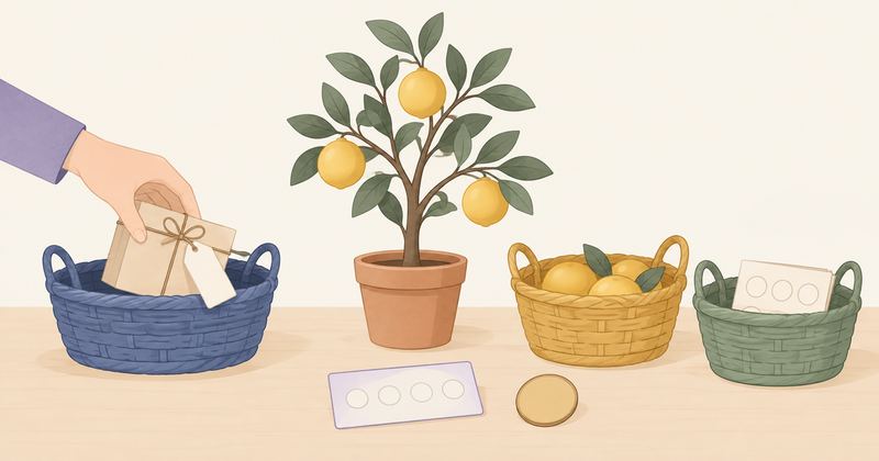 鉢植えのレモンの木に実がなり、手が札の付いた小箱を藍色のかごへ入れ、金のかごに実、緑のかごにスタンプカードが入る。