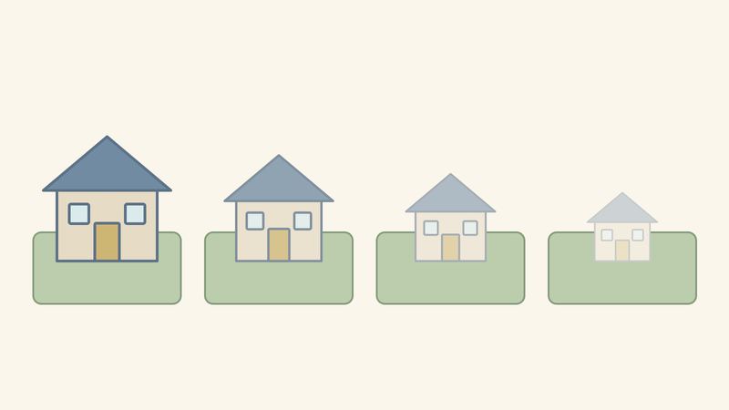 同じ大きさの土地区画4つの上で、家だけが左から右へ小さく色あせていく。