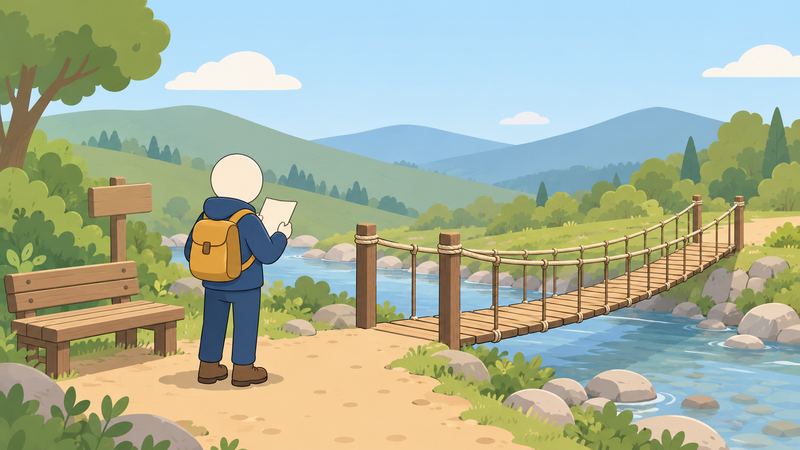 吊り橋の手前で登山者が立ち止まり、木のベンチの脇で手元の紙を見返している。