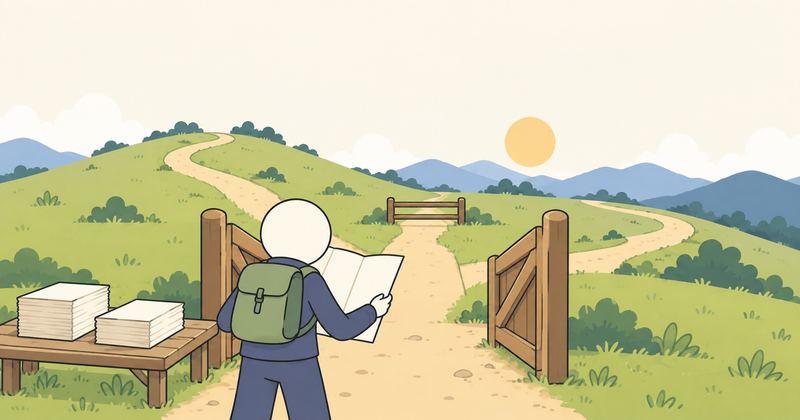 丘の道に木の門があり、手前に紙の束を積んだ台、門の先は柵でふさがれ左右に道が分かれ、登山者が門の前で地図を確かめる。