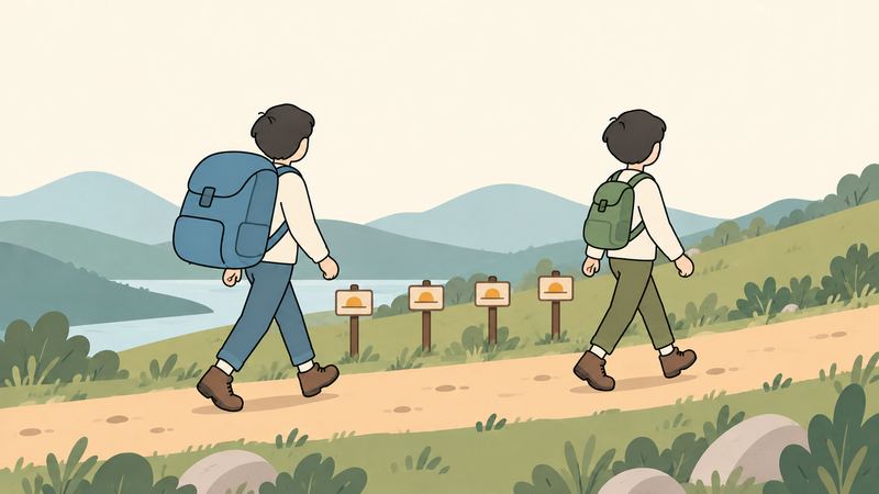 同じ山道を前へ歩く2人の後ろ姿で、後ろを歩く人のリュックが大きく、2人の間に日の出の標識が4本並ぶ。