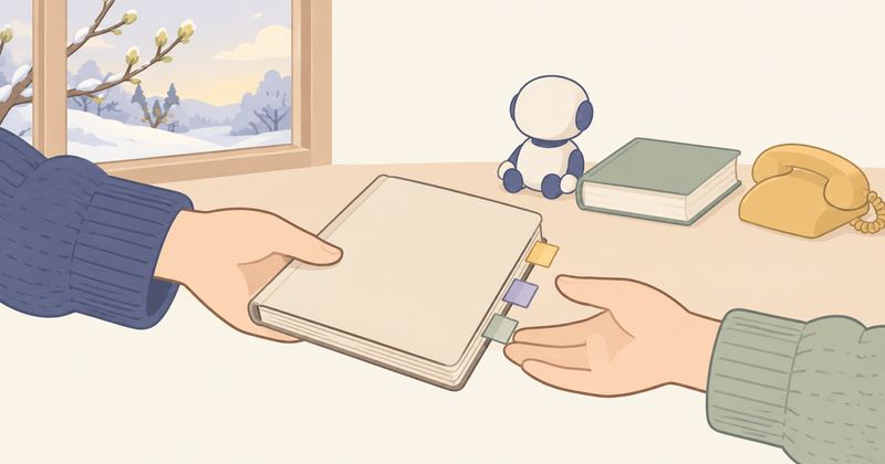 使い込んだノートが今年の手から来年の手へ渡され、付箋が数枚のぞき、机の奥に丸いロボットと厚い本、電話の受話器が並ぶ。