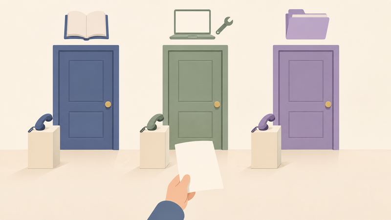 本やパソコンとスパナ、フォルダの絵記号を掲げた3つの扉の前で、手が1枚の紙を持っている。