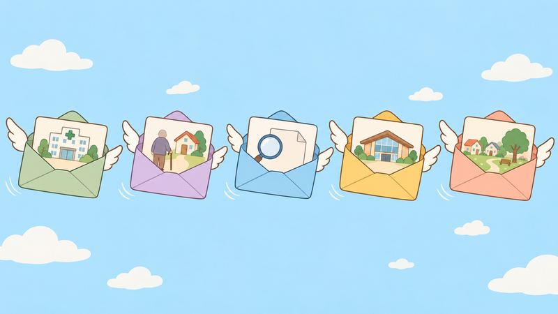 羽の生えた5通の封筒が横一列に並び、病院や杖をつく人の後ろ姿と家、虫めがねと紙、公共建物、家並みと公園を描いている。