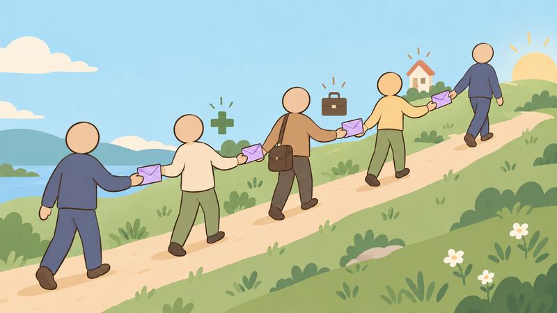 丘の上り坂に並んだ人影5人が、封筒をバトンのように順に手渡し、途中の3人の頭上に十字や鞄や家の印が浮かぶ。