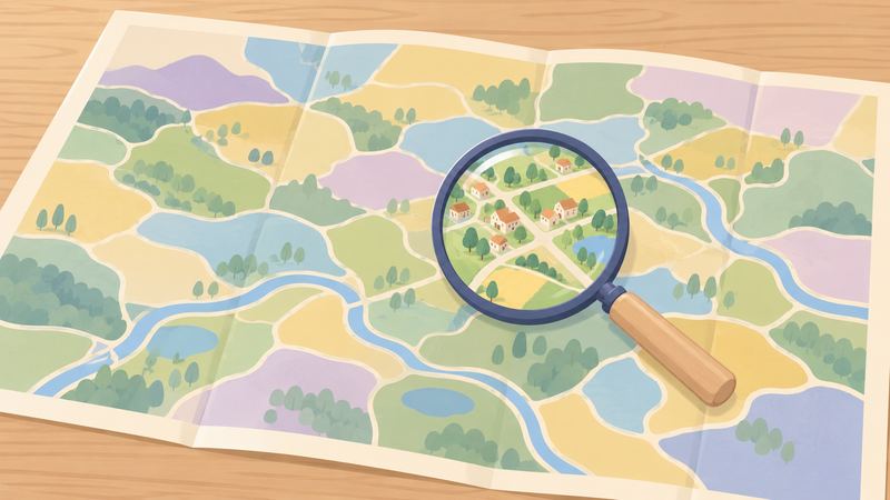 机に広げた地図の一区画を虫めがねで拡大すると、中に小さな家と道が見えてくる。
