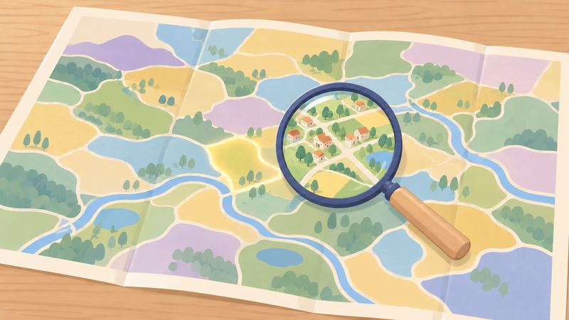 広げた地図の上の虫めがねが集落を拡大して映し、その隣のマス1つだけが周囲より明るくふわっと光っている。