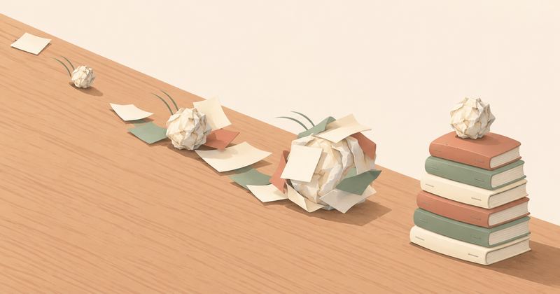 傾いた机の上を紙玉が転がりながら紙を巻き込んで大きくなり、坂の下で無地の冊子6冊の山の上に乗って止まっている。