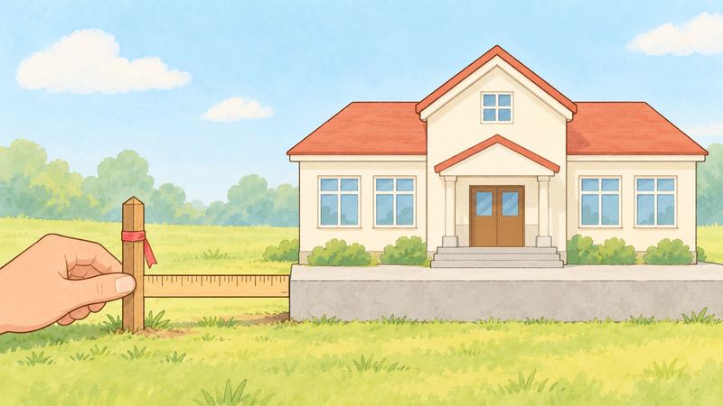 赤いリボンの杭から巻尺が伸びて基礎に届き、その基礎の上に小さな校舎風の建物がまっすぐ整って建っている。