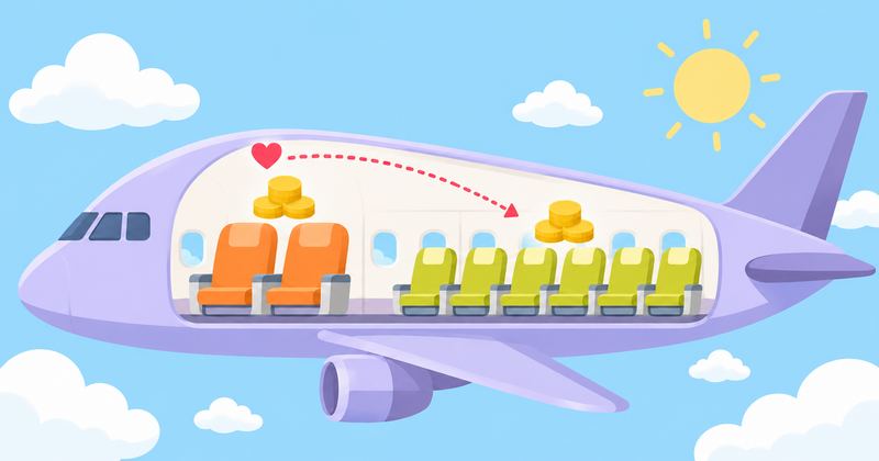 飛行機の前方の広い座席から後方の狭い座席へ、赤いハートから点線の矢印が伸びている。