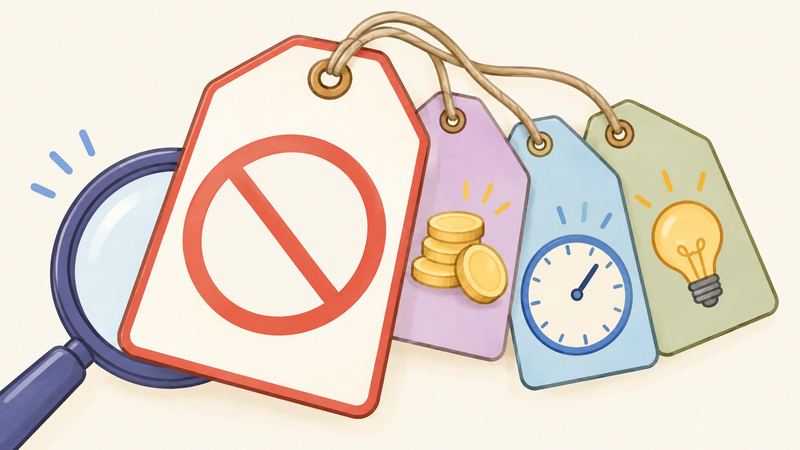 無料を示す赤いスラッシュの値札の後ろに、金貨・時計・電球を描いた小さなタグ3枚が紐でまとまり、虫めがねがのぞく。