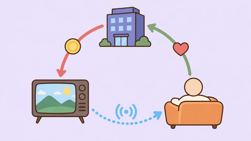 オフィスビルとテレビと座る人の後ろ姿を三角に配置し、金貨・電波・ハートの矢印が三者を循環でつないでいる。