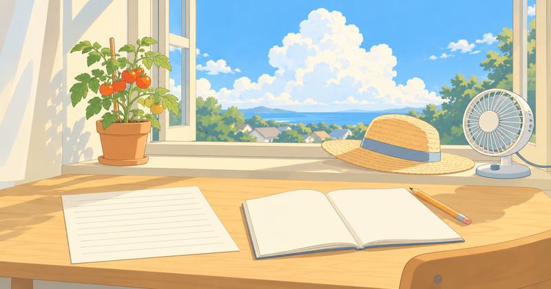 夏の午後の勉強机に罫線だけのワークシートと開いたノート、窓辺にミニトマトの鉢と麦わら帽子が置かれている。