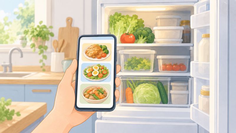 開いた冷蔵庫に向けてスマートフォンを構える手があり、画面に料理の絵だけの3枚のカードが並んでいる。