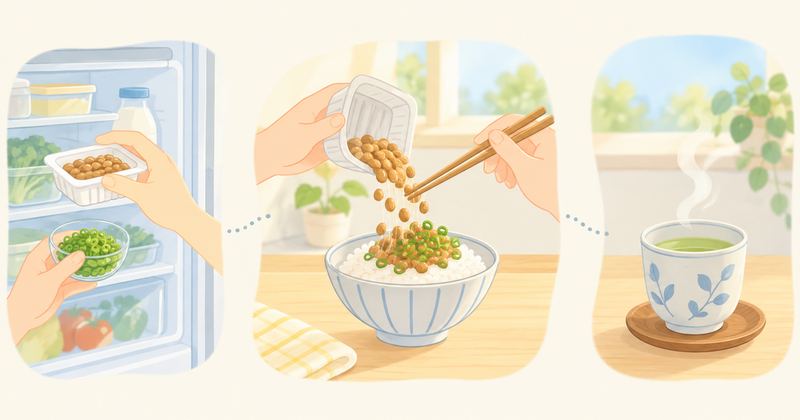 朝のキッチンで冷蔵庫から納豆を取る手、ご飯に乗せる手、湯気の立つ湯のみの3場面が点線でつながっている。