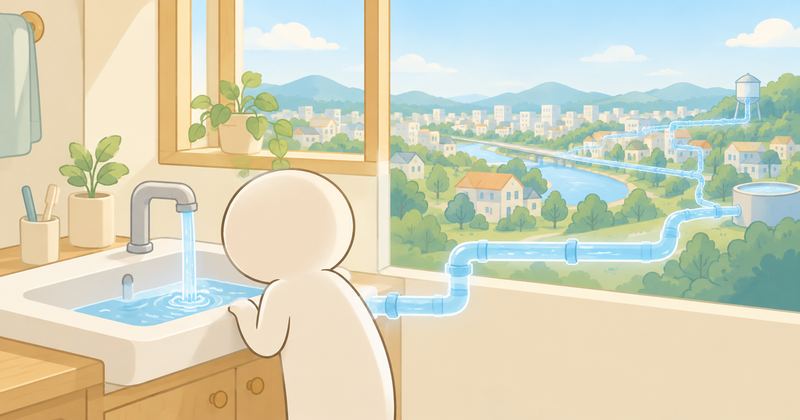 洗面所で小さな人影が蛇口の水をのぞき込み、窓の外の町へ水色に光る水道管が壁を抜けて続いている。