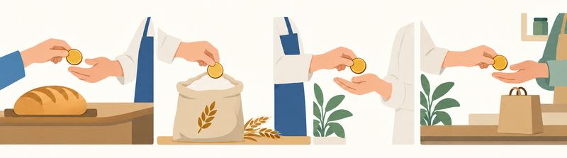 1枚の硬貨が、パンを買う客からパン屋へ、小麦の袋の仕入れへ、店員の給料へ、別の店での買い物へと手から手へ渡っていく。