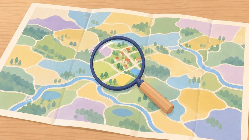 地図の上の虫めがねが1つの集落を拡大しているそばに、まだ拡大されていないマスが色とりどりに多く残っている。