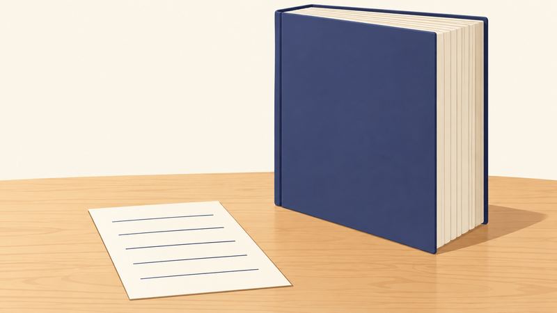 机の上に罫線だけの薄いメニューが手前にあり、その奥に辞書のように分厚いメニューが立っている。