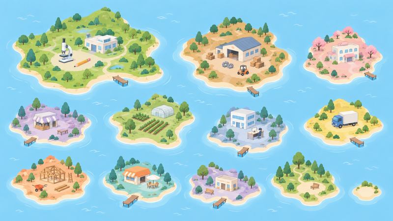 海に浮かぶ12の島は大きさが様々で、最も小さな島には木と空き地だけが見える。