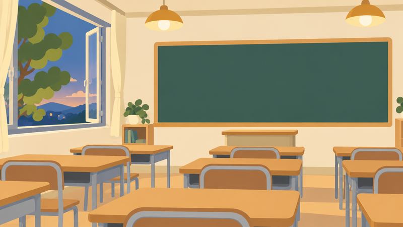 誰もいない教室に明かりがついたままで、窓が少し開いて外の木が夕暮れの中で揺れている。