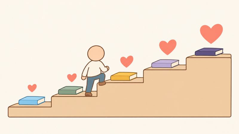 5段の階段の各段に色違いの本が置かれ、段が上がるほど本の上のハートが大きくなり、子どもが階段を上っている。