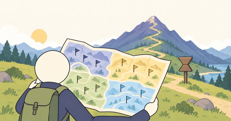 見晴らし台で登山者の後ろ姿が紙の地図を広げ、地図は4色の区画に分かれ各区画に三角旗が立ち、脇に砂時計形の道標がある。