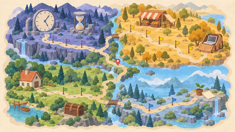 地図を4区画に分けた絵図で、時計や店やたんすや芽の鉢が描かれ、区画の間を通る道の途中に現在地のピンがある。