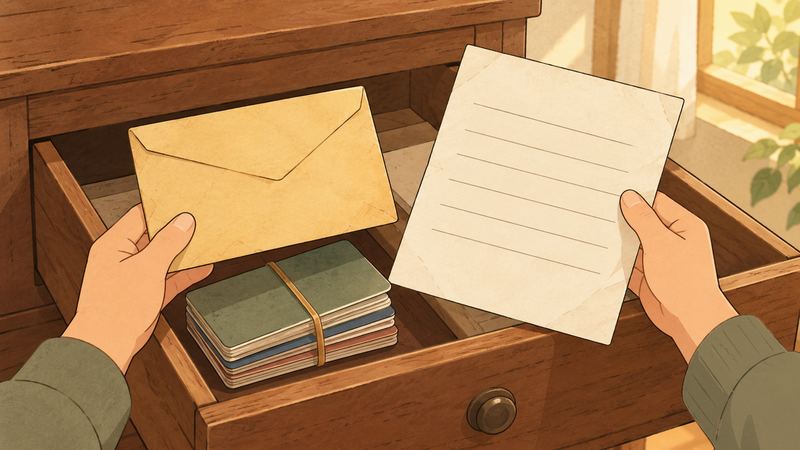 開けた木のたんすの引き出しから両手が黄ばんだ封筒と罫線の紙を取り出し、中には輪ゴムでとめた通帳の束がある。