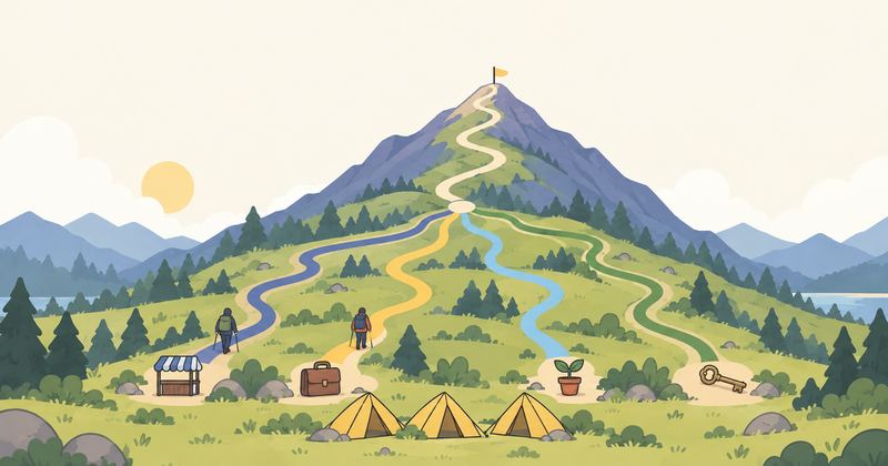 大きな山の麓に3張りのテントがあり、屋台の軒先やかばん、芽の鉢を目印にした4色の道が中腹で1本に合流し、山頂に旗が立つ。