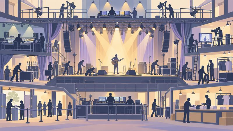 多層のコンサート会場の断面図。中央の演奏者にスポットライトが当たり、周囲では照明や音響、搬入など大勢が働いている。