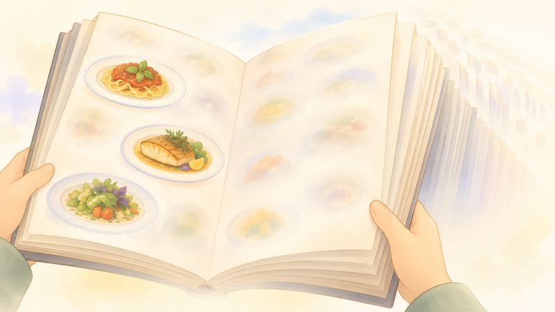 開いたメニュー表は左の3品だけくっきり見え、残りのページは白く霞み、ページの端が何重にも奥へ続いている。