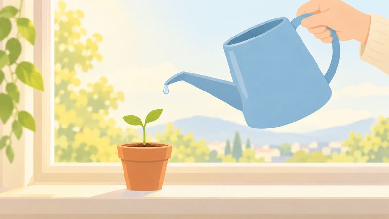 窓辺の植木鉢に双葉の小さな芽があり、大人の手が傾けたジョウロの水滴が、こぼれる直前で止まっている。