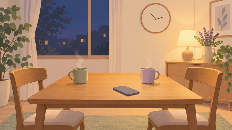 夜の食卓に伏せたスマホと向かい合う2つのマグが置かれ、空いた椅子が2脚、壁の時計は針だけを見せている。