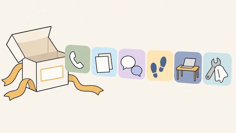 リボンのほどけた箱から、受話器や書類、吹き出し、足あと、机、道具などの小さな絵が列になって出てきている。