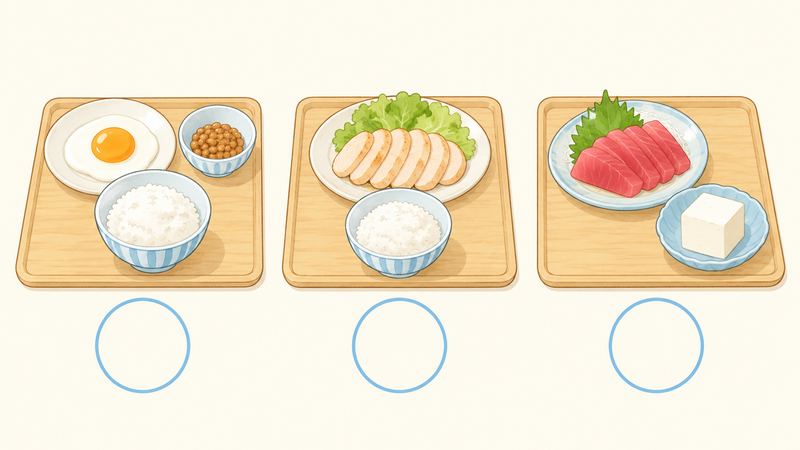 木のお盆が3つ並び、目玉焼きと納豆、鶏むね肉、まぐろの刺身と豆腐が朝昼晩の献立として盛られている。