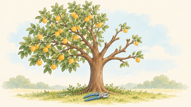1本の木は左半分が葉と実が茂り、右半分は切り詰められて枝がまばらで、根もとに剪定ばさみが置かれている。