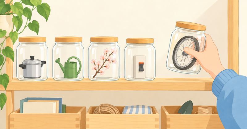 厨房の棚に並ぶラベルのない瓶から、手が1つを取り出し、中には鍋やじょうろ、桜の枝などの小物が入っている。