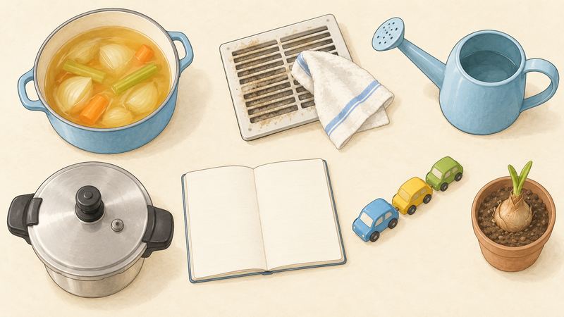 台所の作業台を真上から見た構図に、鍋や換気扇の汚れを拭く布、じょうろ、圧力鍋、ノート、おもちゃの車の列が散らばっている。