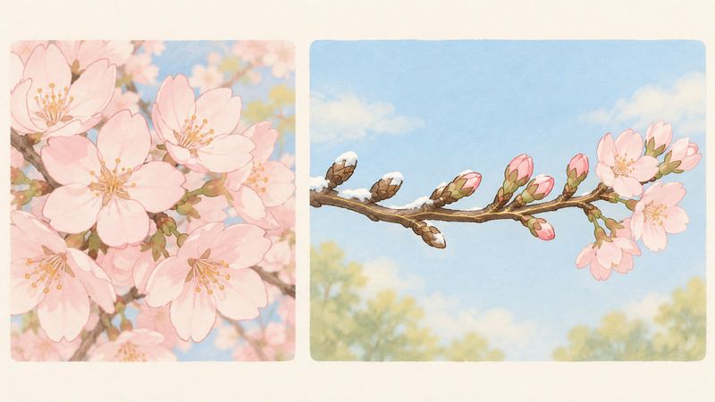 左は満開の桜の花を大きく写し、右は雪をかぶったつぼみから開花まで続く1本の枝を金色の線が貫いている。
