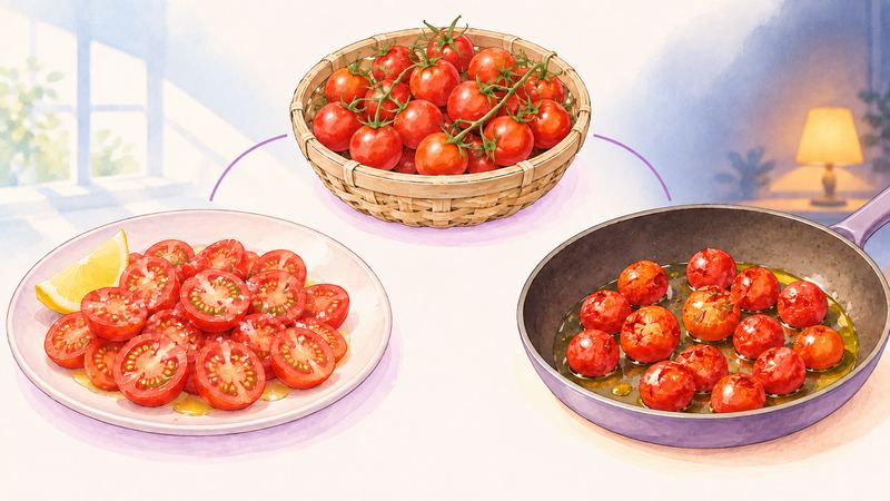 ざるのミニトマトから、左は朝の光の中のレモン添え冷やしトマト、右は夜の灯りの下のフライパンで焼くトマトへ分かれる。