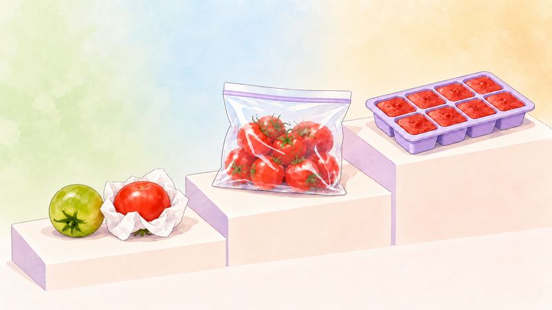 3段の階段に、そのまま置いた青い実と紙に包んだ赤い実、冷凍用袋のトマト、製氷皿のトマトソースが順に並ぶ。