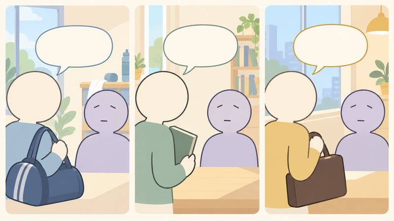 横3コマで、部活のバッグや参考書、通勤かばんを持つ人が話しかけ、聞き手が眉を寄せた表情で受け止めている。