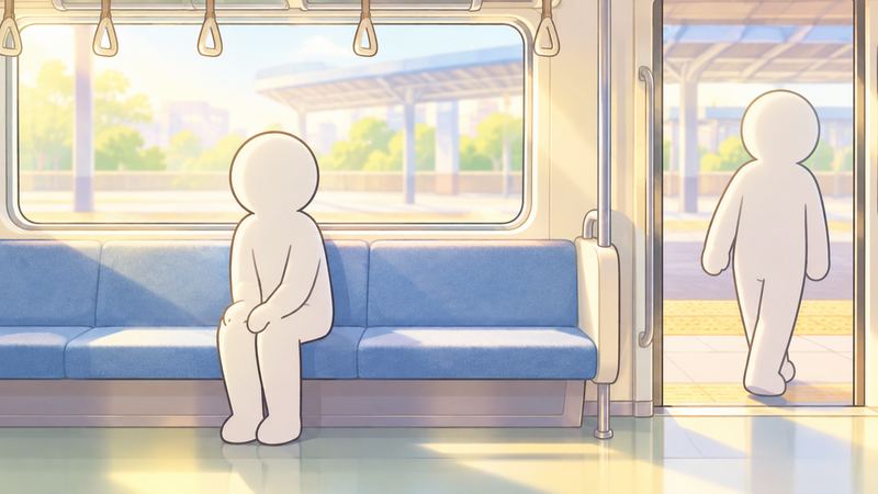 電車の座席に座る人の隣が空き、開いたドアからもう一人がホームへ歩いていく。