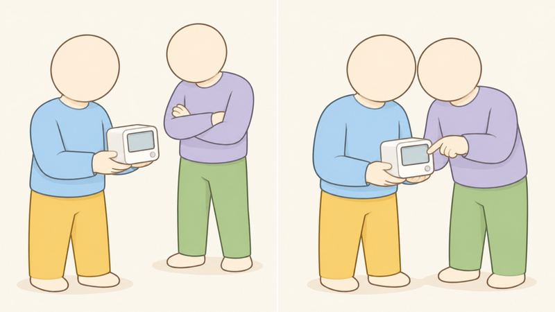 左では相手が腕組みして見下ろし、右では同じ相手が隣に並んで同じ小箱をのぞき込み指さしている。