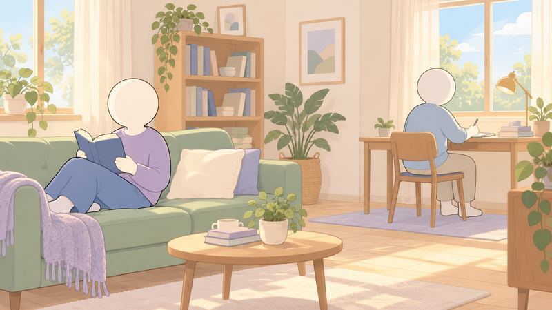 明るい居間でソファの人と窓辺の机の人が、それぞれ別の方向を向きながら同じ部屋の中でくつろいでいる。