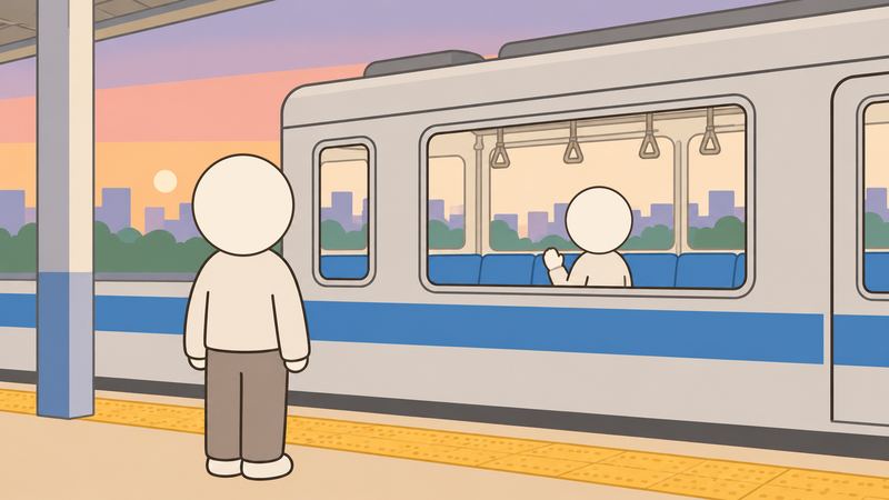 夕暮れの駅のホームに立つ丸い頭の人の後ろ姿と、青い帯の電車の窓の中で胸の前に小さく手を上げる丸い頭の人。