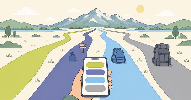 手が持つスマホの画面に無地ボタンが4色並び、画面の上から同じ4色の道が伸び、道ごとに荷物の量が違っている。