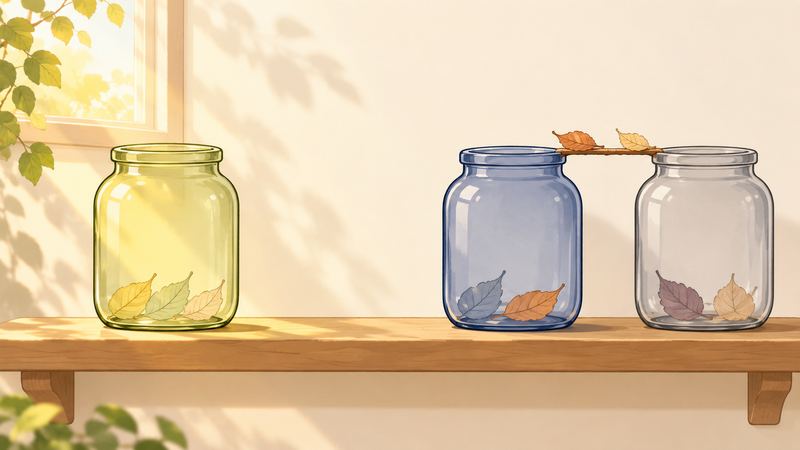 棚の二つのびんは橋でつながり葉を運べるが、光を浴びる別のびんだけは橋がなく独立している。