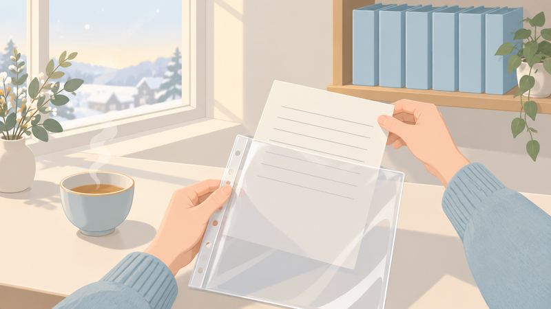 雪の降る窓辺で両手が紙をクリアファイルに入れ、棚には同じファイルが6冊並んでいる。
